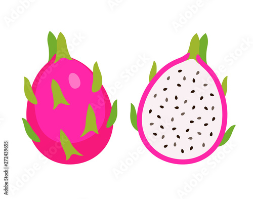 cut half and whole dragon fruit, Summer tropical fruit, cartoon flat icon, vector illustration sketch isolated on white background