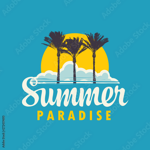 Vector travel banner or logo with palm trees, tropical island, sun, clouds and words Summer Paradise on the blue background. Summer poster, flyer, invitation or card in retro style