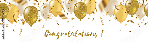 Congratulations - celebratory greeting banner - white, yellow, glitter gold balloons and golden foil confetti. Vector festive illustration. Holiday design. photo