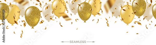 Celebratory seamless banner - white, yellow, glitter gold balloons and golden foil confetti. Vector festive illustration. Holiday design. photo