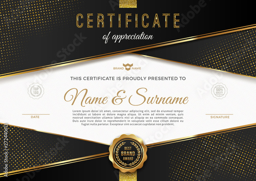 Certificate template with luxury golden elements. Diploma template design. Vector illustration.