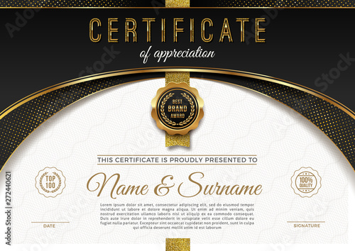 Certificate template with luxury golden elements. Diploma template design. Vector illustration.