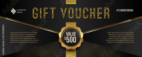 Gift voucher template with glitter gold elements. Vector illustration. Design for invitation, certificate, gift coupon, ticket, voucher, diploma etc.