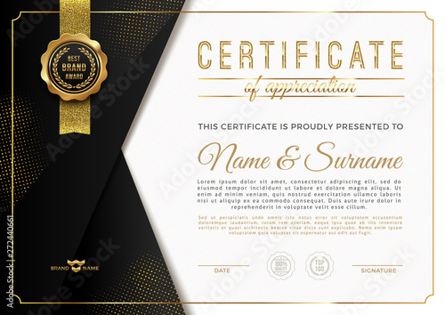 Certificate template with luxury golden elements. Diploma template design. Vector illustration.