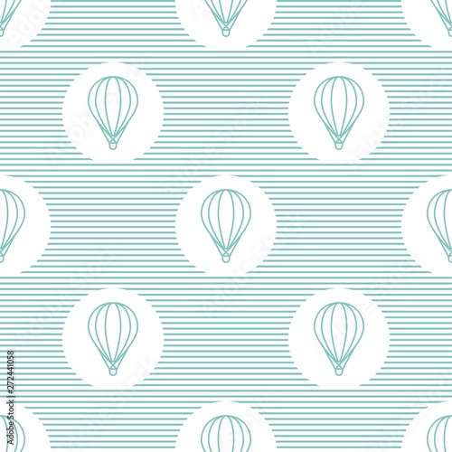 blue hot air baloons line silhouettes on blue striped background. Flat cartoon vector ornament.