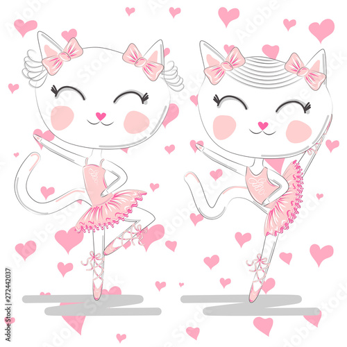 Hand drawn beautiful, lovely, little ballerina cat.