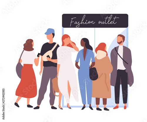 Girls and boys dressed in trendy clothes standing in line or queue near fashion boutique entrance doors. Stylish people waiting for store, shop or showroom opening. Flat cartoon vector illustration. © Good Studio