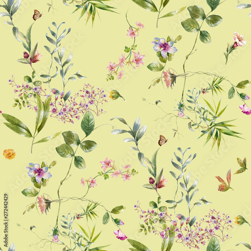 Watercolor painting of leaf and flowers  seamless pattern