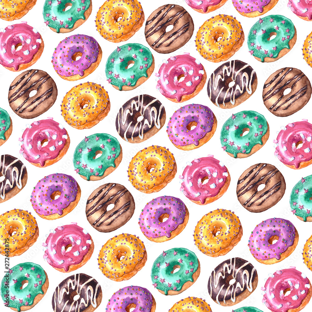 Watercolor hand drawn sketch illustration of colorful glazed donuts ...
