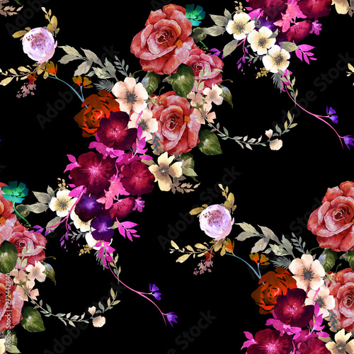 Wallpaper Mural Watercolor painting of leaf and flowers, seamless pattern on dark background Torontodigital.ca