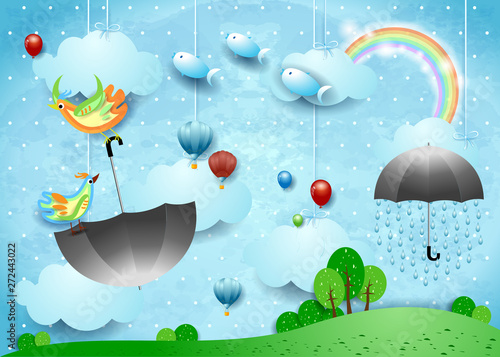 Fantasy landscape with rain, flying umbrella and fishes