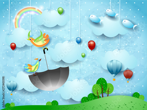 Fantasy landscape with flying umbrella and fishes
