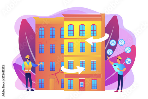 Residential house reconstruction, city renovation. Old buildings modernization, building up service, construction modernization solutions concept. Bright vibrant violet vector isolated illustration