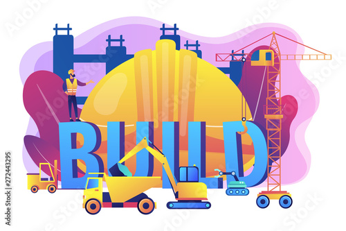 Building business transportation. Modern construction machinery, heavy equipment for construction, industrial and heavy equipment for rent concept. Bright vibrant violet vector isolated illustration