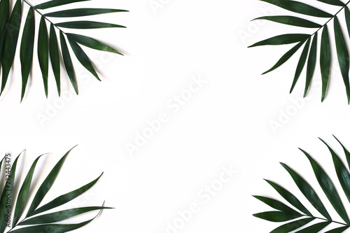 Styled stock photo. Jungle composition of lush green palm leaves isolated on white background. Tropical summer holiday  vacation concept. Botanical frame  exotic flat lay  top view.