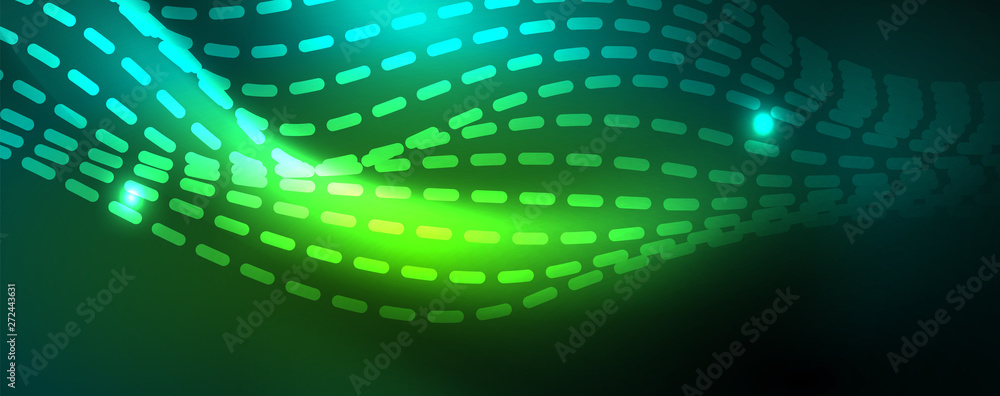 Obraz premium Shiny neon vector wave line abstract background, motion concept