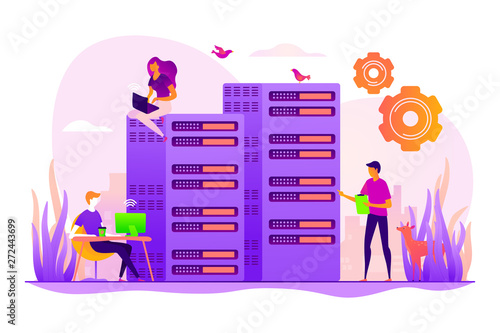 Server farm, mainframe maintenance. Datacenter diagnostics and support. System administration, network upkeeping, computer systems configuration concept. Vector isolated concept creative illustration