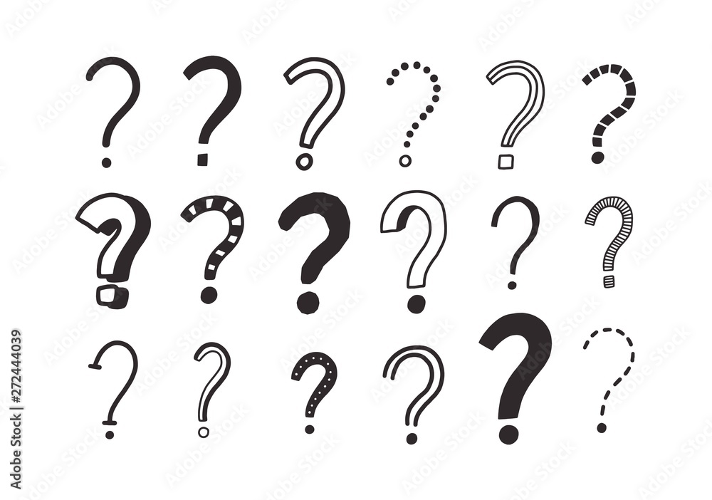 Collection of doodle drawings of question marks. Bundle of interrogation points hand drawn with black contour lines on white background. Riddle or challenge symbols. Monochrome vector illustration. Collection of doodle drawings of question marks. Bundle of interrogation points hand drawn with black contour lines on white background. Riddle or challenge symbols. Monochrome vector illustration.