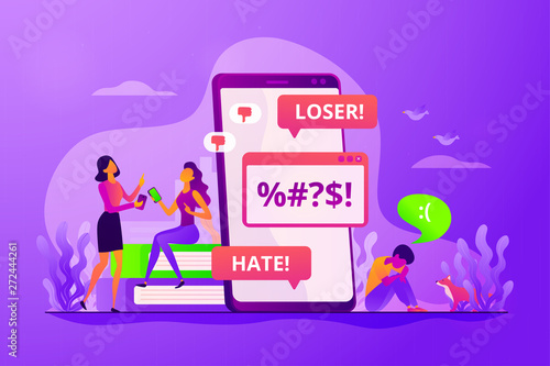 Internet trolling, psychological abuse, teenager violence. Girls laughing at sad boy. Cyberbullying, online flooding, social network harassment concept. Vector isolated concept creative illustration