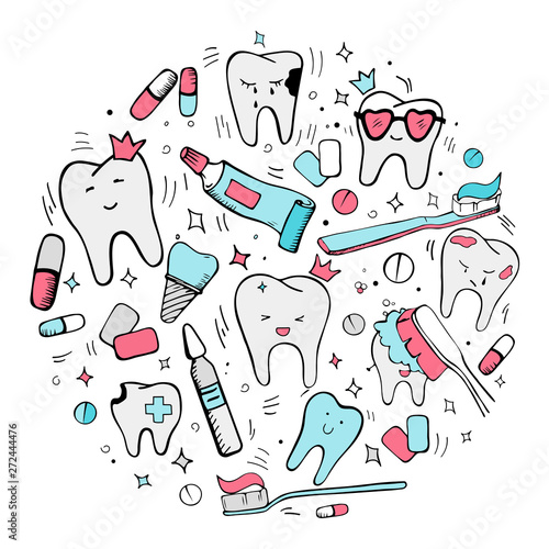 Colored doodle dental and orthodontic vector set: implant, healthy tooth in the crown, toothbrushes, toothpaste, mouthwash, medicinal ampoule, tablets and chewing gums. Vector illustration