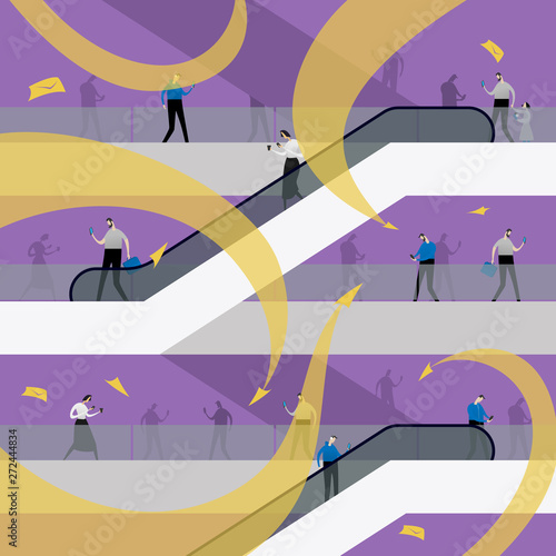 Digital Information overload concept. People in public space with mobile devices, gadgets among information flows or streams. City dwellers in shopping mall or business centre. Mail spam problem