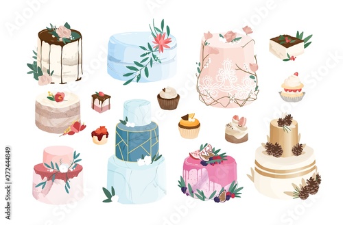 Collection of cakes, tarts, cupcakes decorated by icing and cream. Bundle of delicious desserts of modern design isolated on white background. Set of confections. Flat cartoon vector illustration.