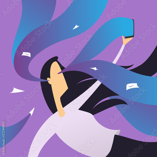 Digital Information overload concept. Woman attacked by information flows or streams. Incoming mail spam problem, communication, message overdose flat illustration