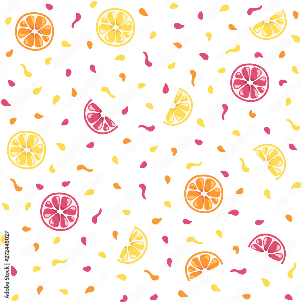 Seamless summer pattern. Bright colorful citrus fruits, lemons, oranges and flowers. Yellow, red, orange, blue colors. Simple modern design. Tropical background. Flat style vector illustration.