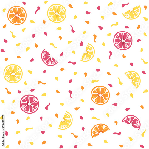 Seamless summer pattern. Bright colorful citrus fruits  lemons  oranges and flowers. Yellow  red  orange  blue colors. Simple modern design. Tropical background. Flat style vector illustration.