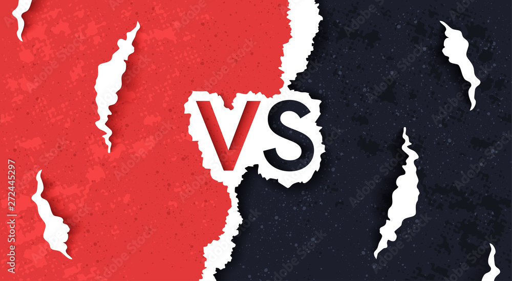 Vs screen. Blue and red abstract versus background. Torn paper design. Fight template. Simple modern comic design. Flat style vector illustration. Vs screen. Blue and red abstract versus background. Torn paper design. Fight template. Simple modern comic design. Flat style vector illustration.
