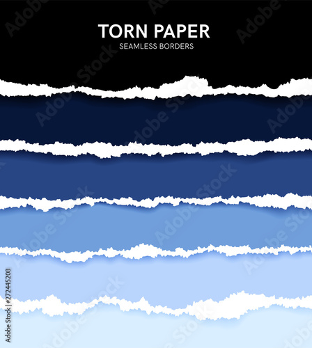 Seamless torn ripped paper layered isolated. Blue color. Transparent background. Realistic template. Simple modern design. Flat style vector illustration.