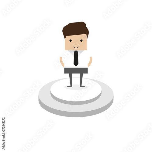 Vector illustration of businessman proudly standing on the winning podium holding up winning trophy and showing an award certificate. Flat style