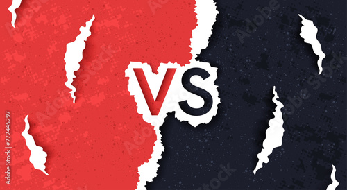 Vs screen. Blue and red abstract versus background. Torn paper design. Fight template. Simple modern comic design. Flat style vector illustration.