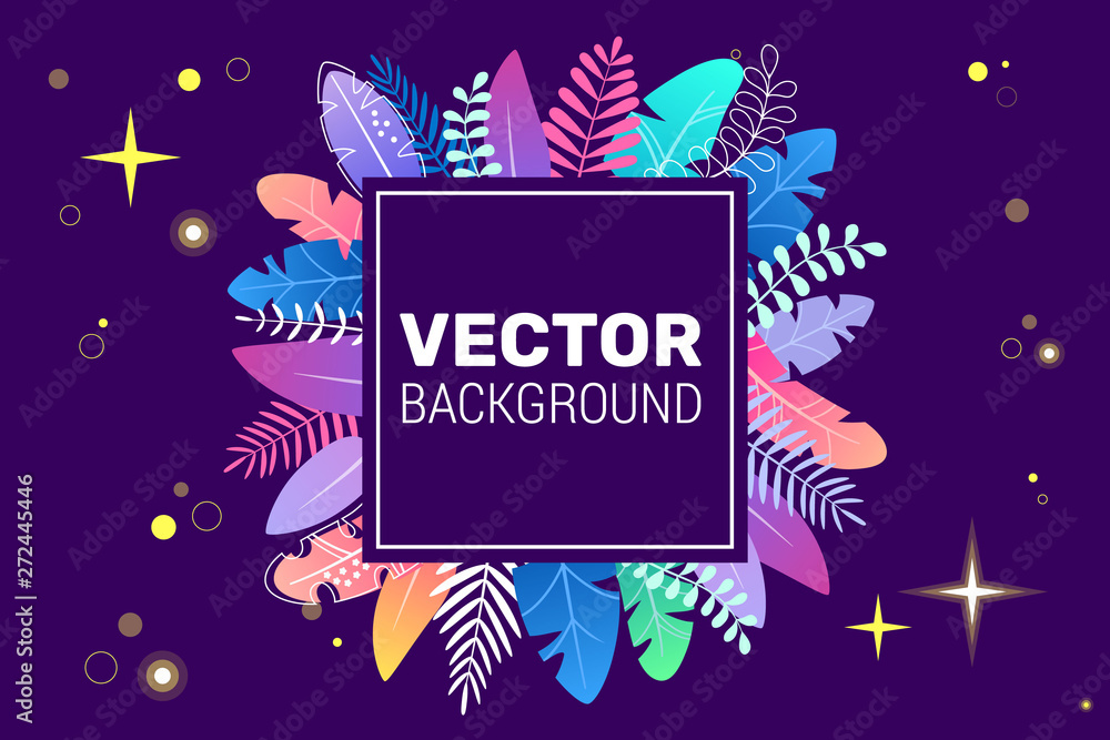 Fototapeta premium Cosmos illustration in trendy flat style on blue background and bright gradient colors. Background for text in form of square. Space plants, leaves in colorful tones. For banners, posters, placards