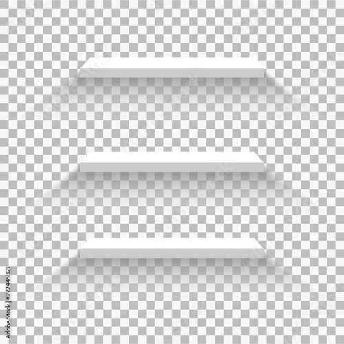 Set of empty white shelves isolated on transparent background. Vector design elements.