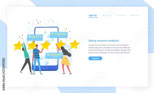 Website template with people leaving five star rating and giant smartphone. Customer experience, positive feedback, service review or evaluation. Modern flat vector illustration for advertisement.