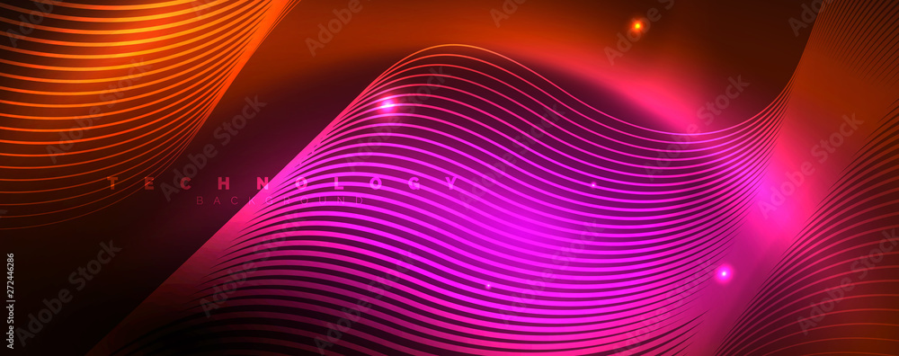 Bright neon circles and wave lines, glowing shiny background design template, digital techno concept. Bright neon circles and wave lines, glowing shiny background design template, digital techno concept.