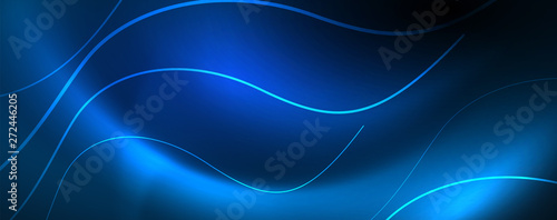 Trendy neon blue abstract design with waves and circles. Neon light glowing effect. Abstract digital background.