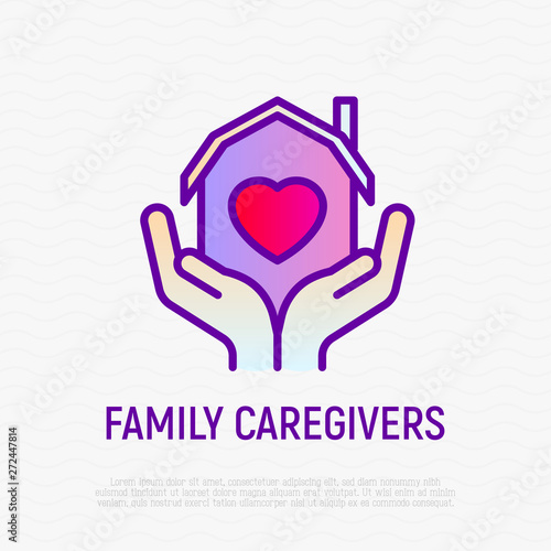 Family caregivers thin line icon: house with heart in hands. Modern vector illustration of adoption family, retirement, charity support.