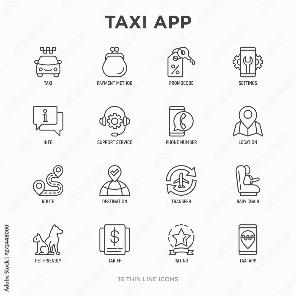 Taxi app thin line icons set: payment method, promocode, app settings, info, support service, phone number, location, pointer, route, destination, airport transfer, baby seat. Vector illustration. Taxi app thin line icons set: payment method, promocode, app settings, info, support service, phone number, location, pointer, route, destination, airport transfer, baby seat. Vector illustration.