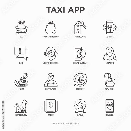 Taxi app thin line icons set: payment method, promocode, app settings, info, support service, phone number, location, pointer, route, destination, airport transfer, baby seat. Vector illustration.