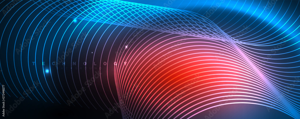 Trendy neon blue abstract design with waves and circles. Neon light glowing effect. Abstract digital background. Trendy neon blue abstract design with waves and circles. Neon light glowing effect. Abstract digital background.