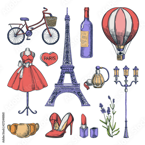 Travel to France hand drawn isolated icons and design elements. Vector color sketch illustration.
