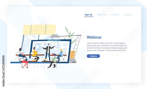Landing page template with people sitting in front of lecturer displaying on screen of giant laptop. Webinar, online course, internet education. Modern flat vector illustration for advertisement.