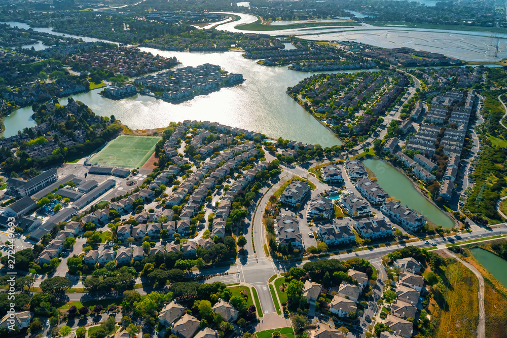 Aerial view of residential real estate homes in Foster City, CA - obrazy, fototapety, plakaty 