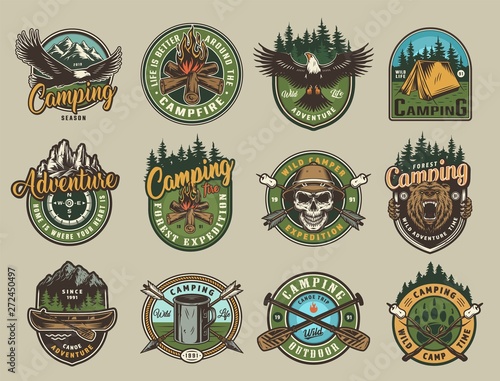 Vintage colorful camping emblems