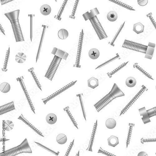 Realistic Detailed 3d Metal Screws and Bolts Seamless Pattern Background. Vector