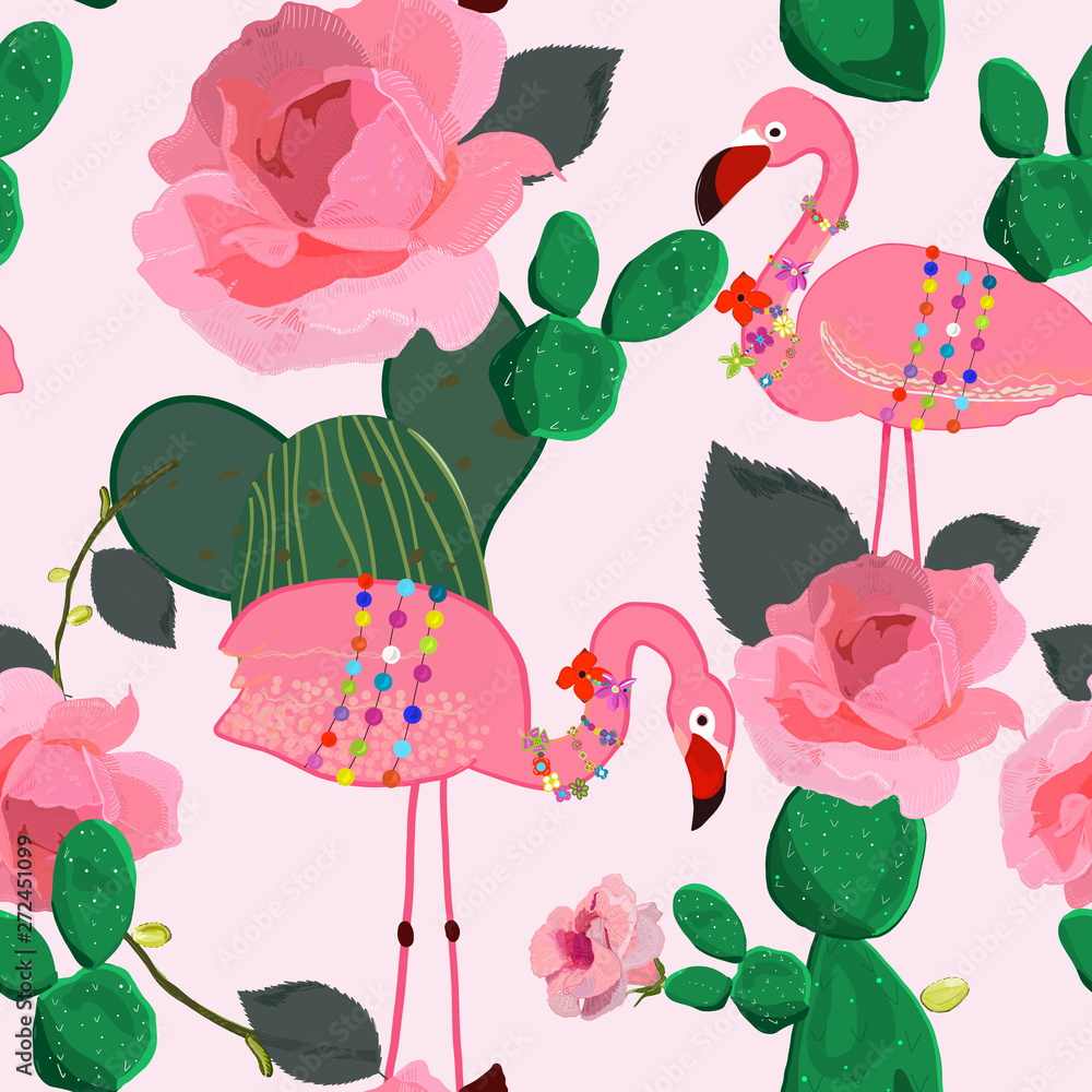 Obraz premium Flamingos pattern. Seamless pattern for textile design. Flamingos. Exotic birds. Hand drawn pink roses with cactus. Tropical vector seamless floral pattern