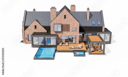 3d rendering of modern clinker house on the ponds with pool isolated on white