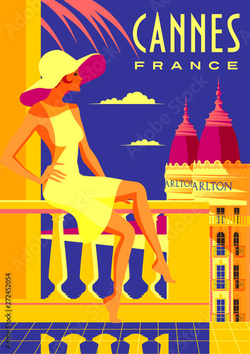 Fotografiet Woman on vacation in Cannes. Vintage poster.